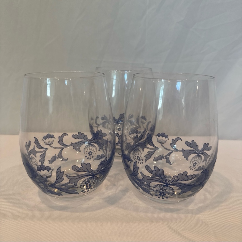 Set of 3 Spode Stemless Wine Glasses Blue Italian Floral Pattern